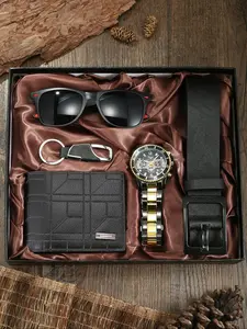 Men's 5-Piece Gift Set with Watch, Keychain, Belt, Sunglasses, Wallet, Quartz Movement, Perfect for Business Casual Gifts