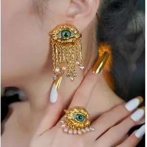 Vintage Devil's Eye Pearl Tassel Earrings Light Luxury High-end Earrings Ring Necklace Set Accessories for Women