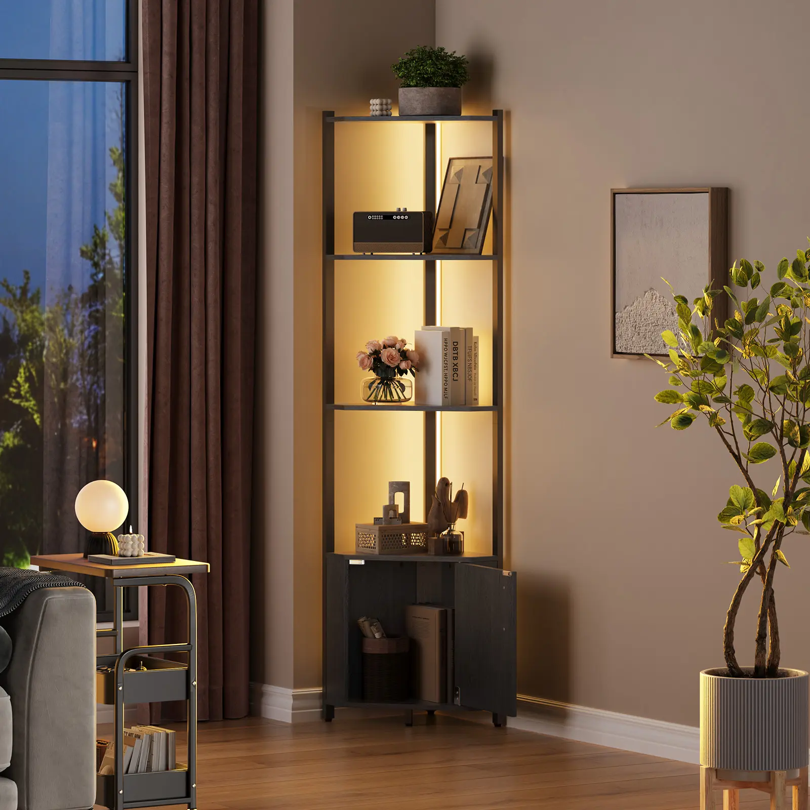 5-Tier MDF Wooden Corner Shelf - 58" Tall Adjustable Angle Storage Shelf with Cabinet, LED Strip Lights, Decor & Room Decor for Living Room, Bedroom, Kitchen
