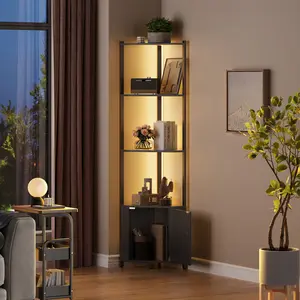 5-Tier Corner Shelf,58" Tall Corner Storage Shelf with Cabinet and LED Strip Lights,Abjustable Angle,Wood Bookshelf,Standing Display Shelves for Bedroom,Living Room,Kitchen,Bathroom