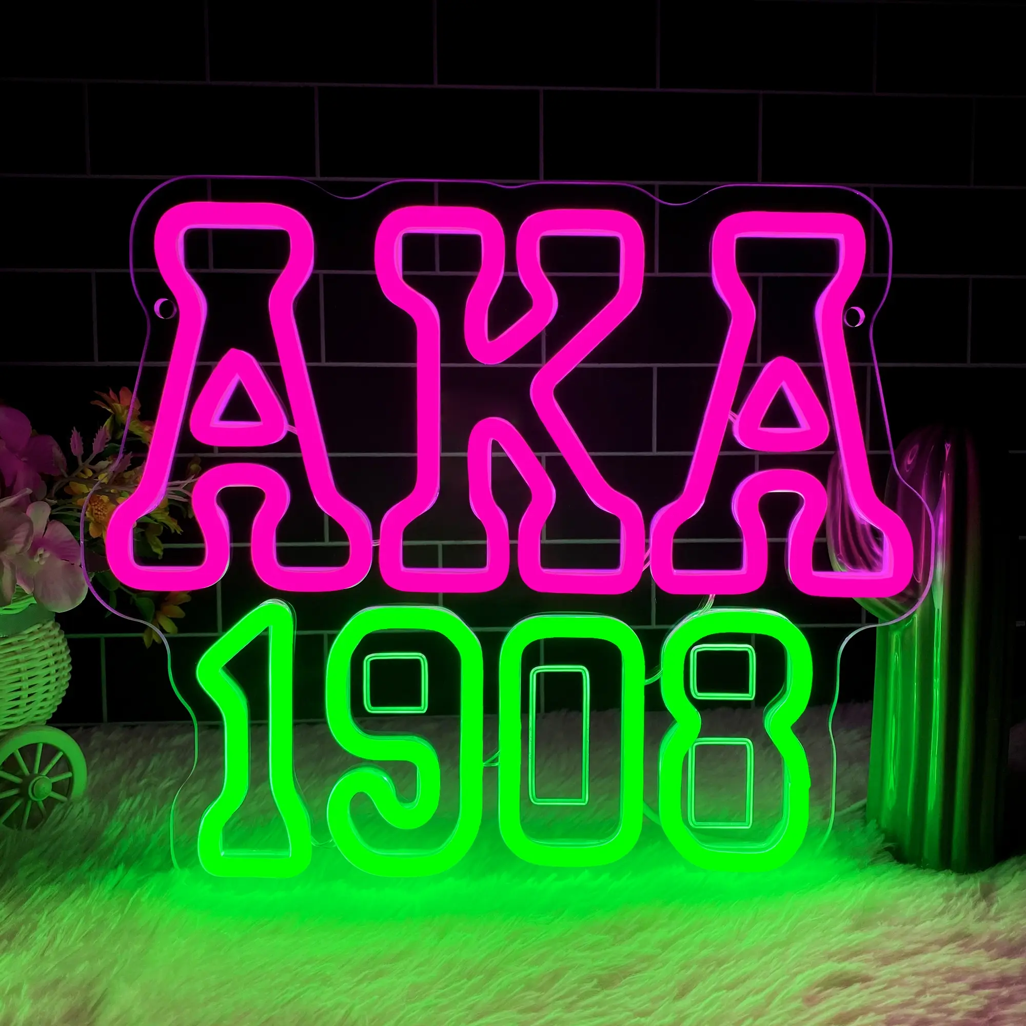 AKA Sorority Neon Sign, Decorative Neon Sign, Home Decor Light, Decorative Atmosphere Light, AKA 1908 Neon Lights Pink Green LED Neon, Wall Dimmable Light Up Art Sign for Bedroom Dormitory Bar Club Party Gifts for Women, Mood Lighting