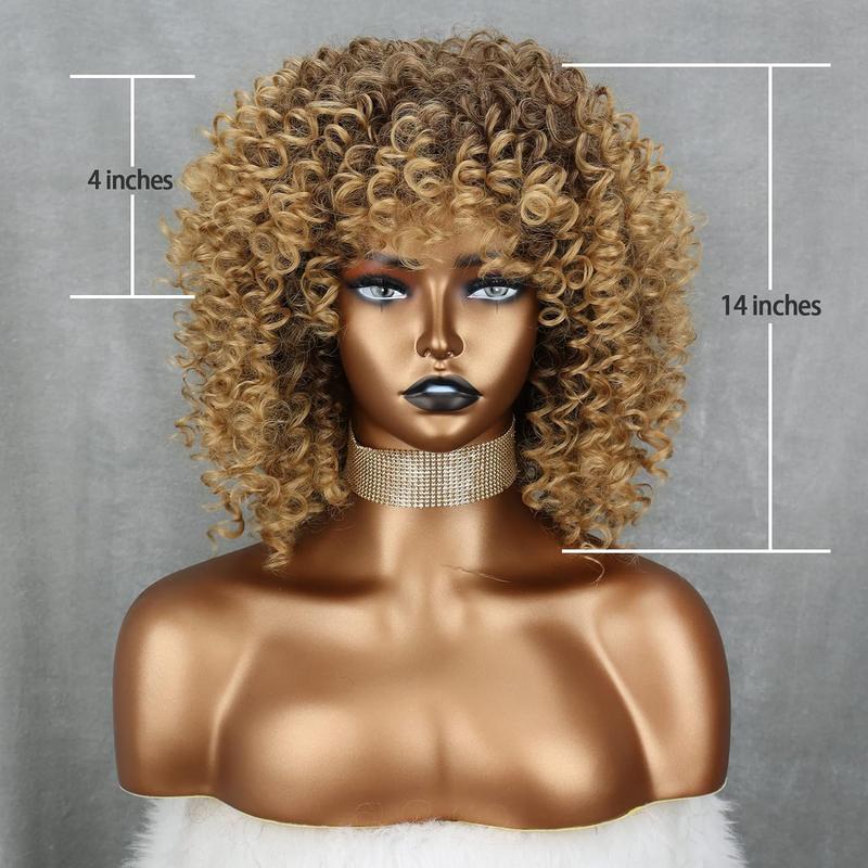 Xinran 14-inch Blonde Curly Synthetic Wig Brown Mixed Gold Afro Wig for Black Women Heat Resistant Everyday Wear Brown to Gold Style