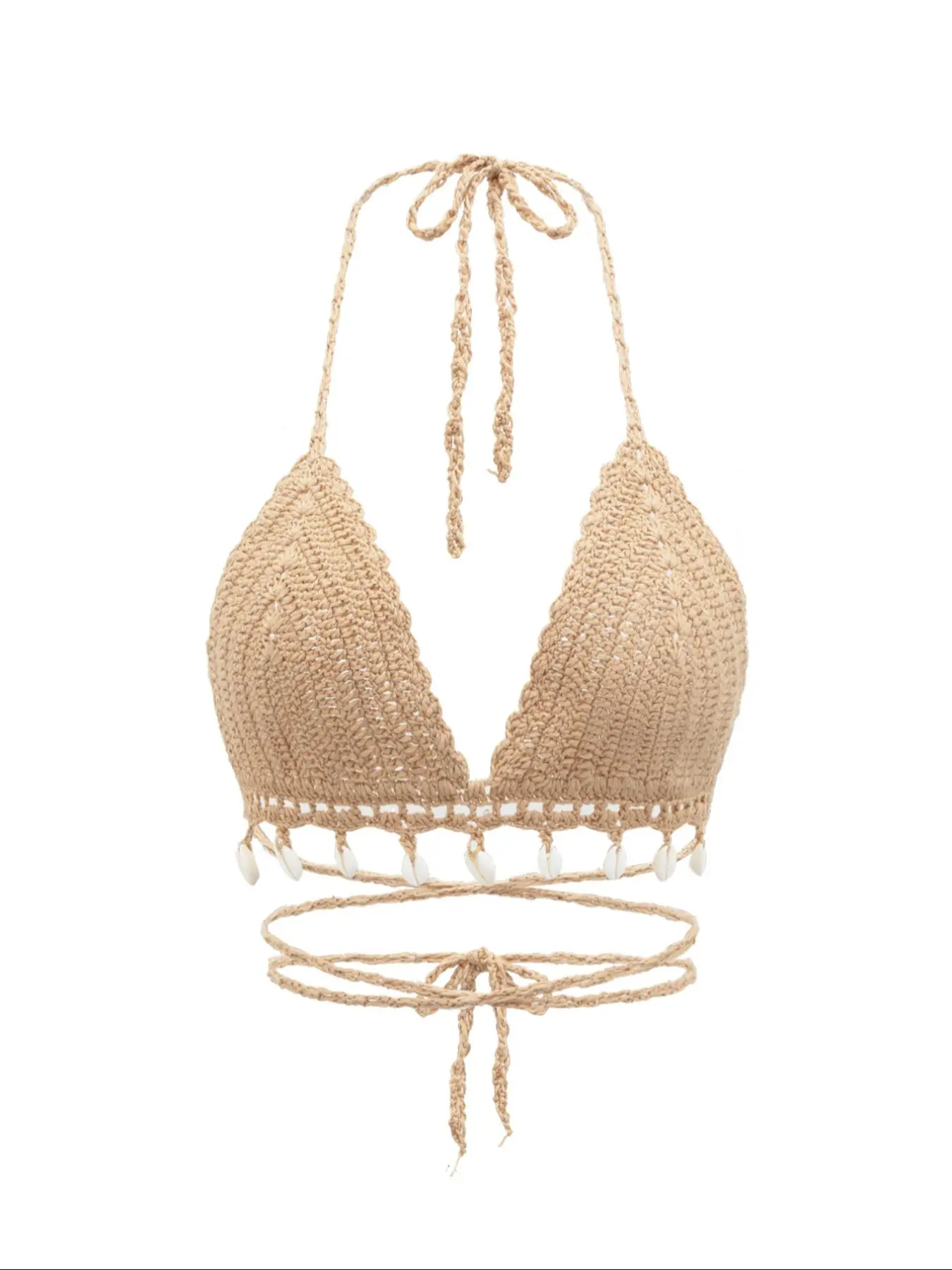 Women's Shell Decor Lace Up Halter Neck Crochet Cover Up Top, Boho Fashion Hollow Out Backless Swimwear Top For Beach Holiday Vacation, Ladies Summer Clothes Beach Coverups Beachwear Cover Up Summer Swimming Cover