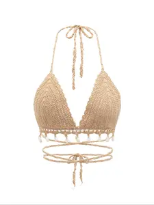 Women's Shell Decor Lace Up Halter Neck Crochet Cover Up Top, Boho Fashion Hollow Out Backless Swimwear Top for Women Beach Holiday Vacation, Summer Outfits, Ladies Summer Clothes, Boho Chic Style, Clothing