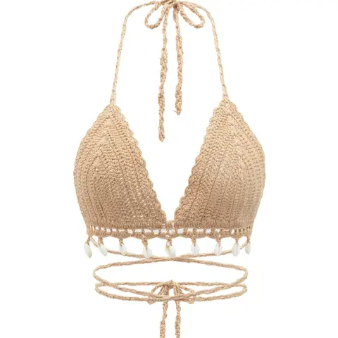 Women's Shell Decor Lace Up Halter Neck Crochet Cover Up Top, Boho Fashion Hollow Out Backless Swimwear Top For Beach Holiday Vacation, Ladies Summer Clothes Beach Coverups Beachwear Cover Up Summer Swimming Cover
