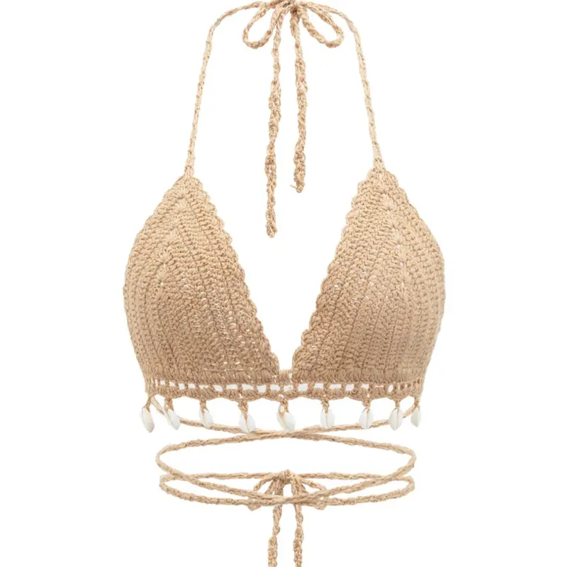 Women's Shell Decor Lace Up Halter Neck Crochet Cover Up Top, Boho Fashion Hollow Out Backless Swimwear Top For Beach Holiday Vacation, Ladies Summer Clothes Beach Coverups Beachwear Cover Up Summer Swimming Cover
