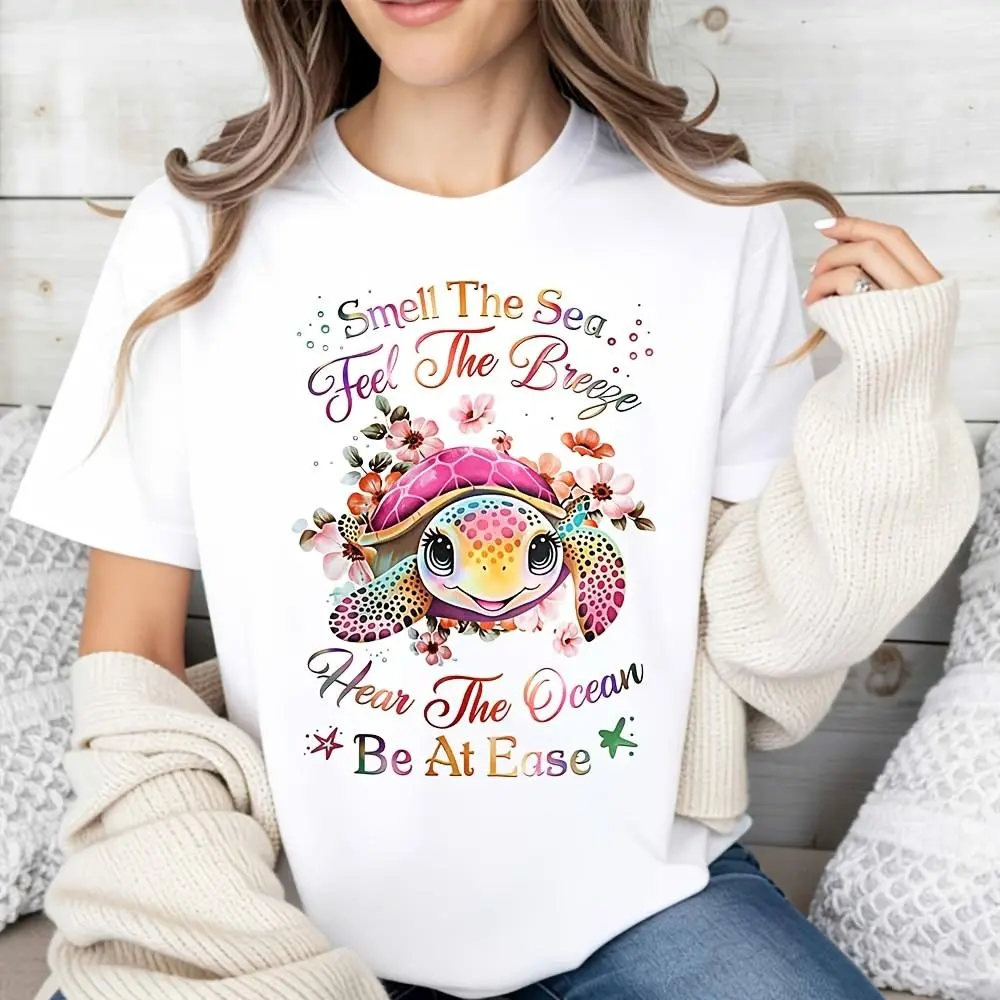 Women Sea Turtle T-Shirt, Smell The Sea Feel The Breeze Hear The Ocean Be At Ease Graphic Tee, Summer Beach Vacation Outfit, Earth Day Gift, Tropical Holiday Wear