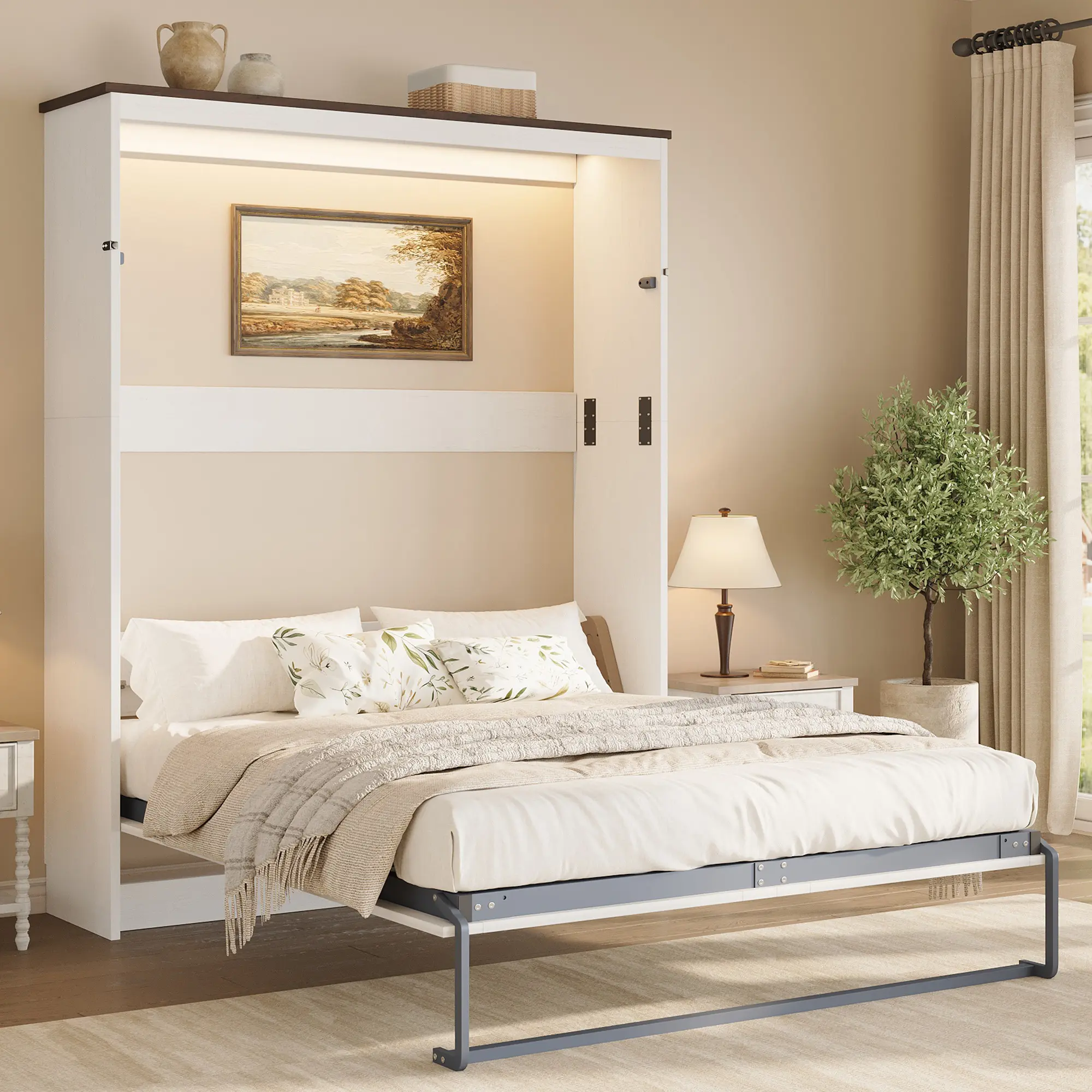[Ships in 2 Boxes][TiktokShopStockUp] AMERLIFE Murphy Bed with LED Light, Farmhouse Foldable Wall Bed with Charging Station & Gas Struts, Space-Saving Hidden Bedframe for Guest Room, Bedroom & Home Office