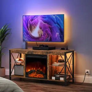 HOOBRO Wooden Media Entertainment Center with Glass Shelves, Fireplace TV Stand with Led Lights and Power Outlets, Fireplace TV Console Table for TVs up to 55" #SummerVibes