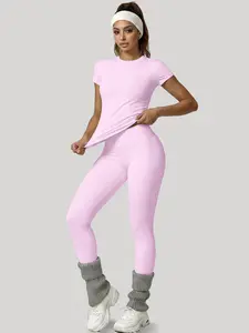 Women's Sportswear Set, Sporty Set, Slim-Fit Round Neck Short Sleeves & High-Waisted Yoga Pants, Ideal for Gym Running Outdoor Activities, Athletic Wear