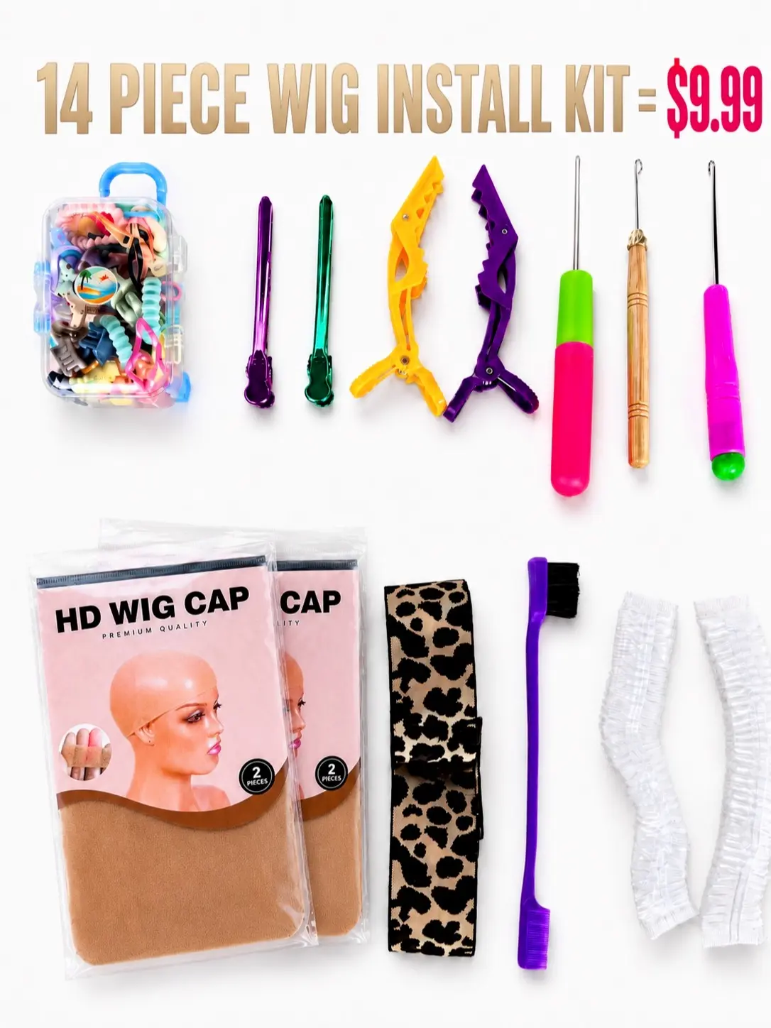 Vidalocs 14-Piece Wig Install & Styling Kit for Lace Wigs, Braids & Locs, 2 HD Wig Caps, 3 Crochet Needles, Edge Brush, Melt Band & Hair Charms