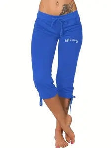 Women's Casual Seven-Eighths Pants with Pockets, Mid-Waist Adjustable Drawstring Waistband, Fitted Plain Surface Design, Fashionable Leisurewear
