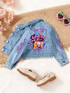 Adorable Kpop Girl Denim Jacket for Girls, Cartoon Anime Cute Design, Back Idol Print, Spring & Fall Casual Wear, Perfect for School & Playgrounds