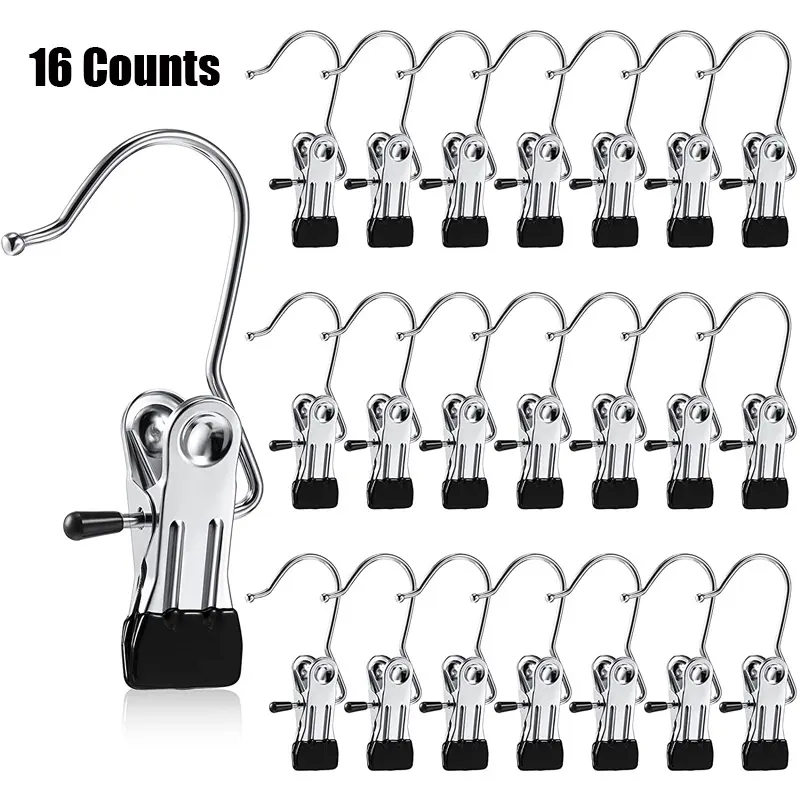 16-Count Stainless Steel Anti-Rust Clip Clothespins Hanger Pack - Lightweight Organizer for Towels, Socks, Hats, Pants - Space-Saving Laundry Hooks for Travel, Moving, Room Organization