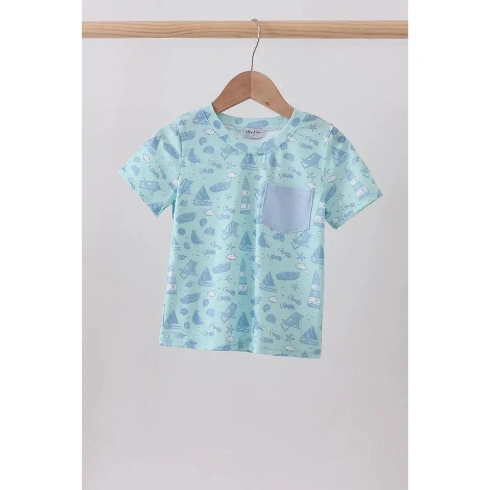 Blue coastal print pocket top