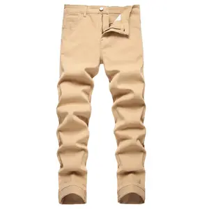 Men's Slim Fit Khaki Jeans-Casual Straight Style, Cotton Blend, Machine Washable