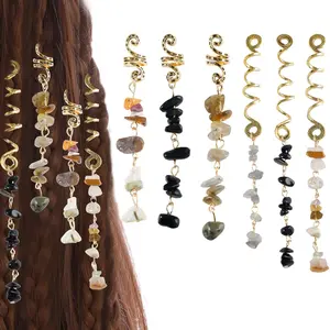 Hair Jewelry Dreadlock Accessories, Natura Stone Hair Charms for Braids, Hair Ring Crystal Hair Accessories for Women(Black, pack of 6)