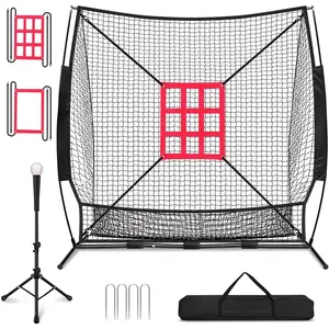 7x7 ft Baseball & Softball Practice Net with Bow Frame for Batting, Hitting, Pitching, Portable Baseball Throwing Net with 2 Strike Zone Batting Tee, Carry Bag, Great for All Levels