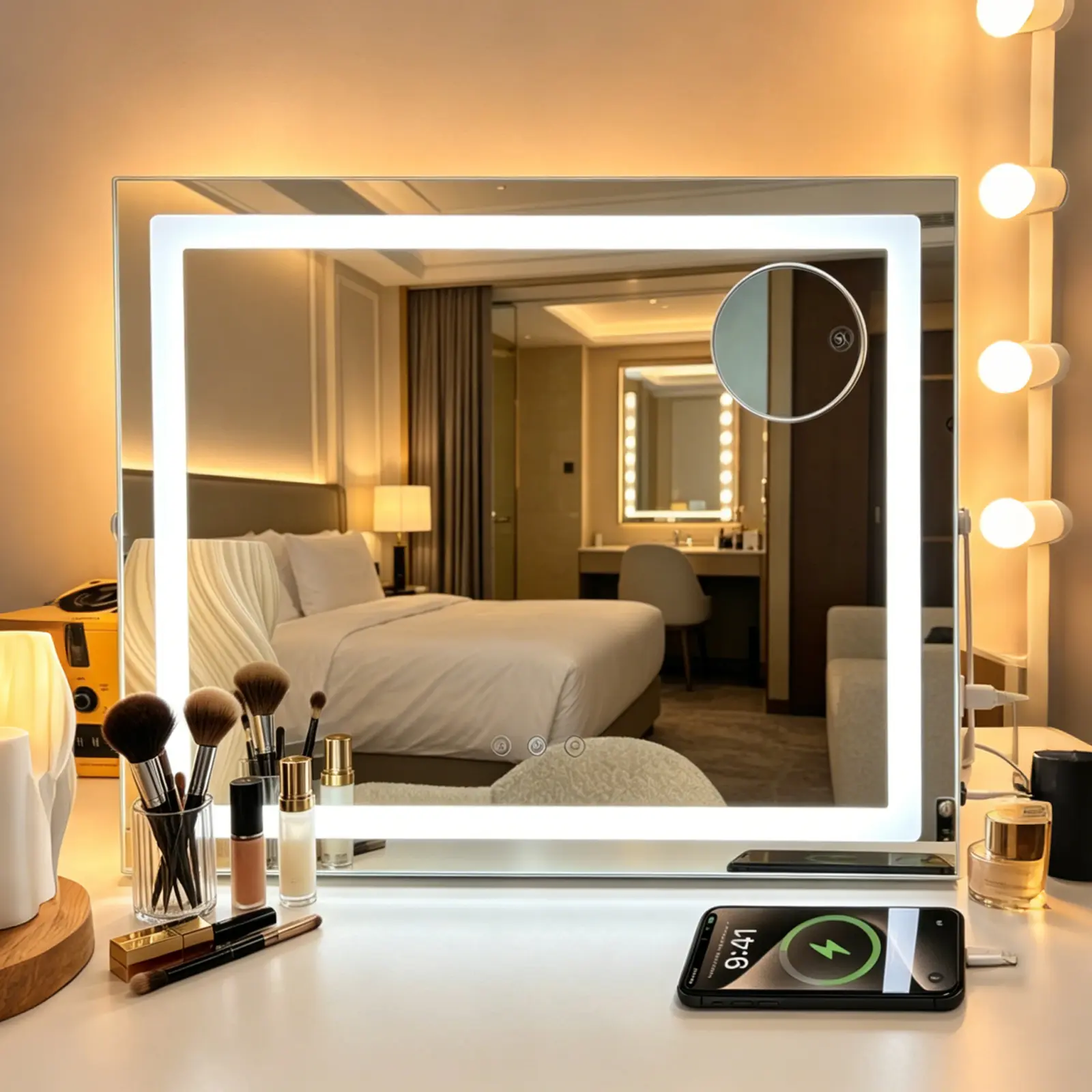 INMTFEI 50x40cm Rectangular Sturdy Glass LED Hollywood Vanity Mirror with Lights - 3-Color Lighting, 5X Magnification, Foldable, Touch Control, USB Port, 3-Way Adjustable, Portable, 1 Count, Everyday Makeup Essential, Minimalist Dresser Accessory, Led Mir