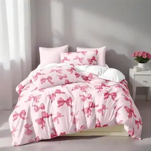 Pink princess style bow pattern duvet set set of 3 pieces, including 1 duvet cover and 2 pillowcases without filling, soft and comfortable bedding set for family bedroom decoration, available in all seasons, perfect for children's rooms and gift options