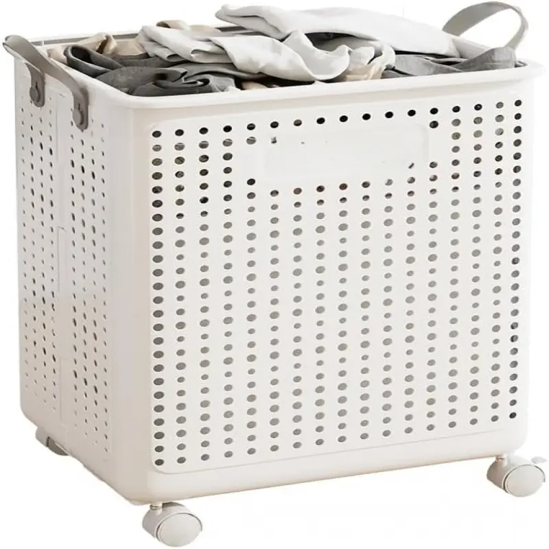 Large Polypropylene Foldable Laundry Hamper with Wheels, Handle, Breathable Holes - Collapsible Rolling Basket for Daily Use, Laundry/Toys, Modern Home Bathroom Storage