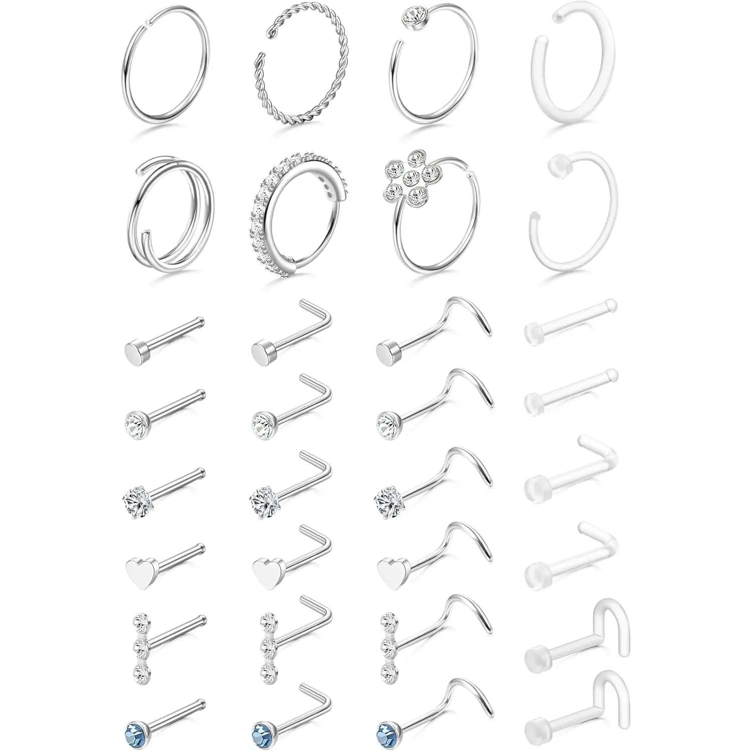 THUNARAZ 32-Piece Hypoallergenic Surgical Stainless Steel Nose Piercing Jewelry - 18G-20G L-Shape, Straight, Corkscrew Retainers, Unisex Cartilage Helix Tragus Hoops, Nose Piercings Gifts for Summer Holiday, Christmas