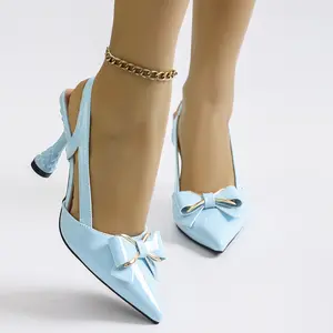 Women's Light Blue Pointed-Toe Backless High Heels with Gold Bow Decoration Elasticized Heel Strap Fashion Shoes Elegant Footwear