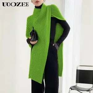 UOOZEE Women's 2025 New Autumn Winter Solid Long Sleeve Sweater - High Neck Turtleneck Pullover, Loose Asymmetric Split-Joint Basic Top, Breathable, Elastic, Comfortable Fit Casual Knitwear
