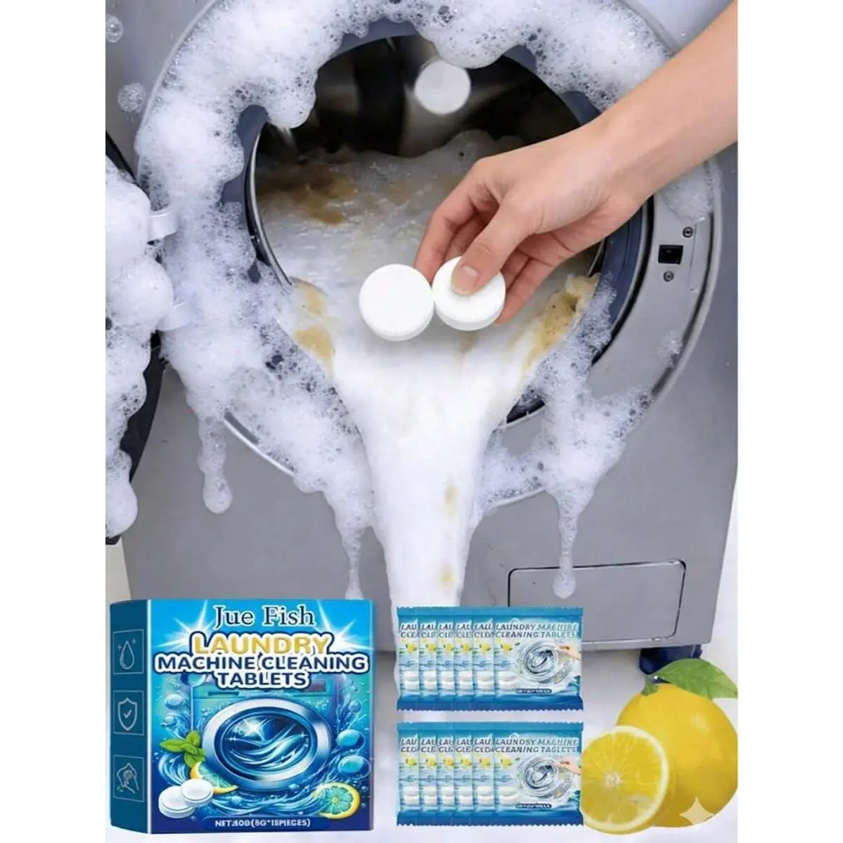 12pcs Washing Machine Cleaner Tablets, Deep Clean Drum & Agitator, Remove Limescale Residue & Odor, Quick Foaming, Long-Lasting Freshness, Lemon Scent. Washer Cleaner, Laundry Detergent, Descaler, Deodorizer, Fragrance, Suitable For Front-L