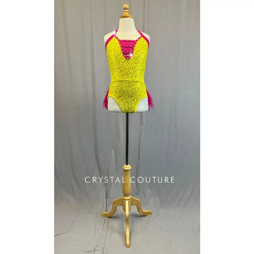 Yellow Zsa Zsa Leotard with Hot Pink Detailing and Ostrich Feathers - Rhinestones