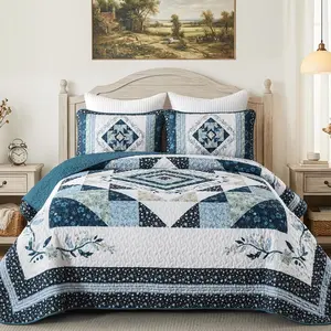 Queen Size,Patchwork Bedspreads Queen Size,Blue Floral Lightweight Coverlet Set for Queen Bed for All Season96 x90