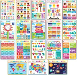 Sproutbrite 18-Pack Educational Posters for Toddlers 12"x16" Alphabet Numbers Seasons Emotions High-Visibility Learning Charts for Ages 3-5 Teaching Supplies Home Classroom Decorations Elementary School
