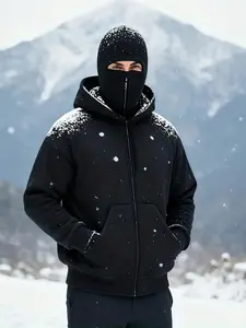 Men's Fashionable, Casual, Loose-Fit Long-Sleeved Hooded Zip-Up Masked Sweatshirt for Autumn and Winter, Casual Streetwear Looks, Solid-Color Men's Hooded Sweatshirt with Elastic Hem for Outdoor Sports in Winter