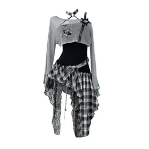 2025 Summer Women Punk Style Mini Dress + Crop Top Two Piece Sets Frock Dark Academia Plaid Patchwork Coquette Womenswear Clothes