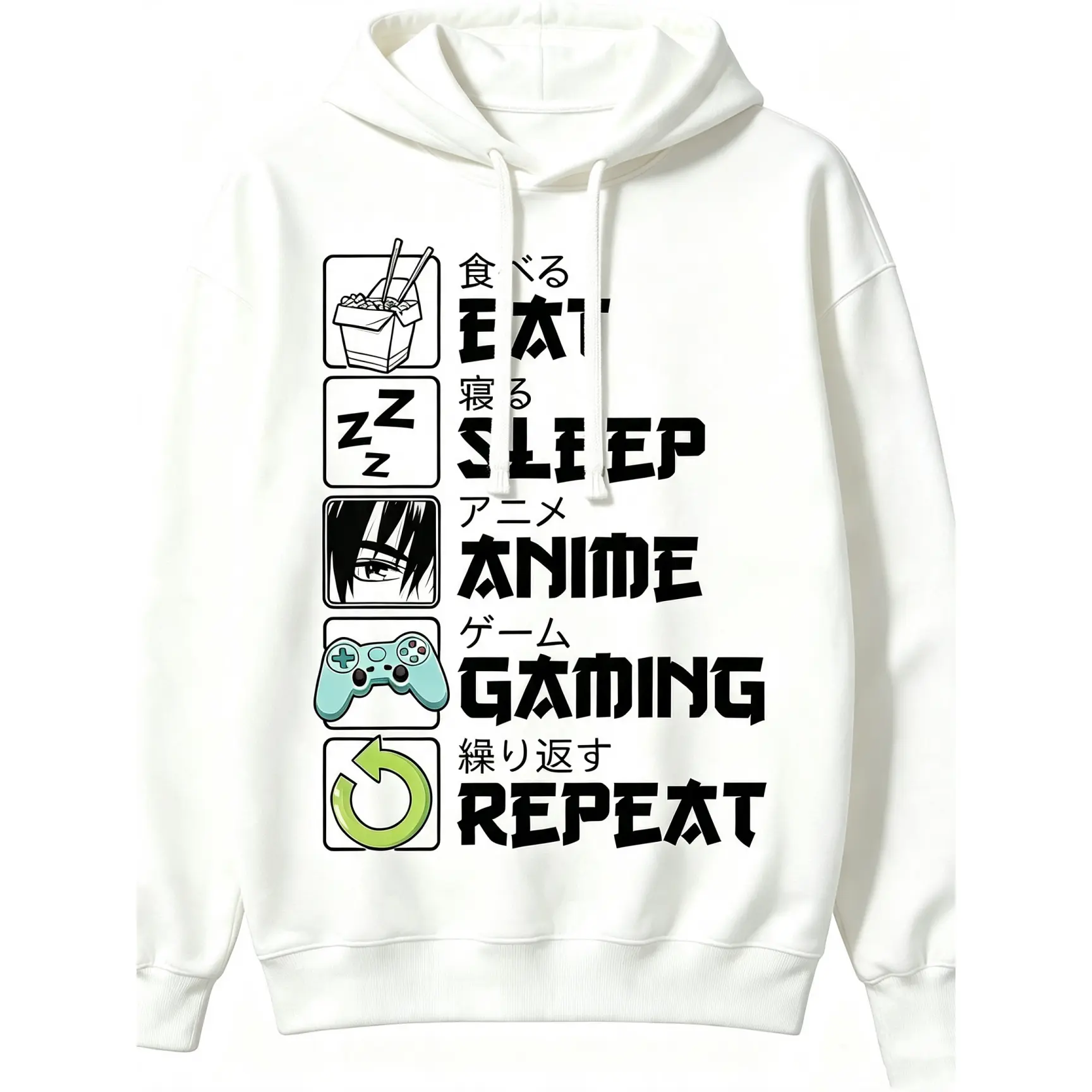 Men’s hooded sweatshirt, oversized plus-size unisex couple hoodie, trendy “Eat Sleep Anime Gaming Repeat” Japanese graphic pullover, vintage kawaii anime print hoodie for back-to-school season, loose fit casual streetwear everyday outfit for men and women