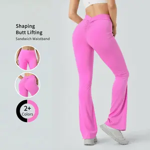 Women Seamless Flared Yoga Pants Solid Color Butt Lift Bell Bottom Sweatpants with Elastic Waistband & Moisture-Wicking Material for Athletic Leggings