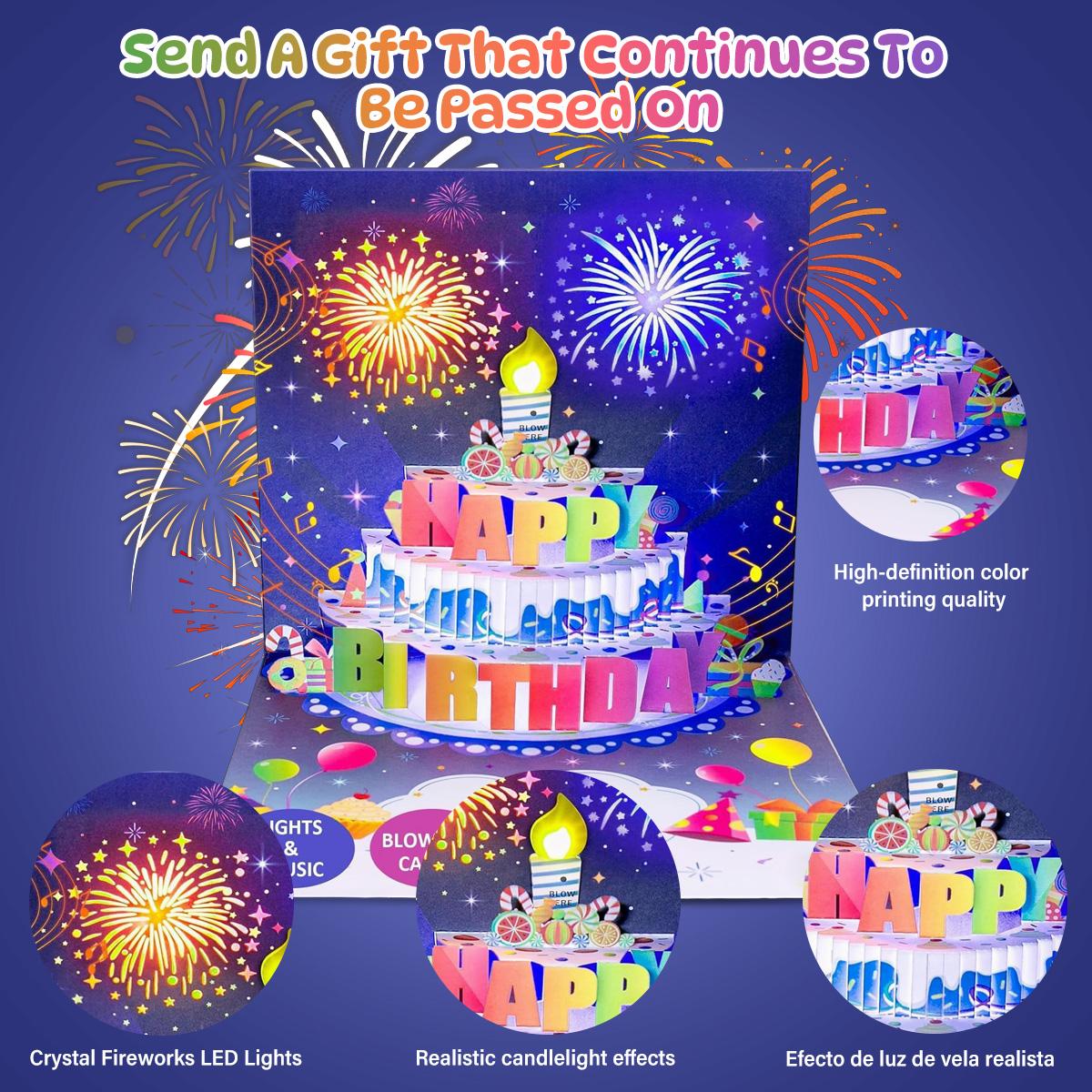 Blowable Firework Birthday Cards 3D Pop Up , Musical LED Lights Birthday Cards with Birthday Cake, Greeting Cards, Birthday Gifts for Mom Women Men Kids Child Dad Father Wife