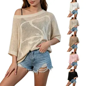 Buenoble Women’s Floral Crochet Short Sleeve Tops, Hollow Out Lightweight Knit Pullover,Lightweight Swimsuit Cover Ups for Beach Pool Cruise Vacation Daily Outfits