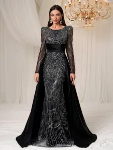Elegant Handcrafted Beaded Sequin Long Sleeve Evening Gown, Detachable Cape for Luxurious Style, All Seasons Slim Fit Dress