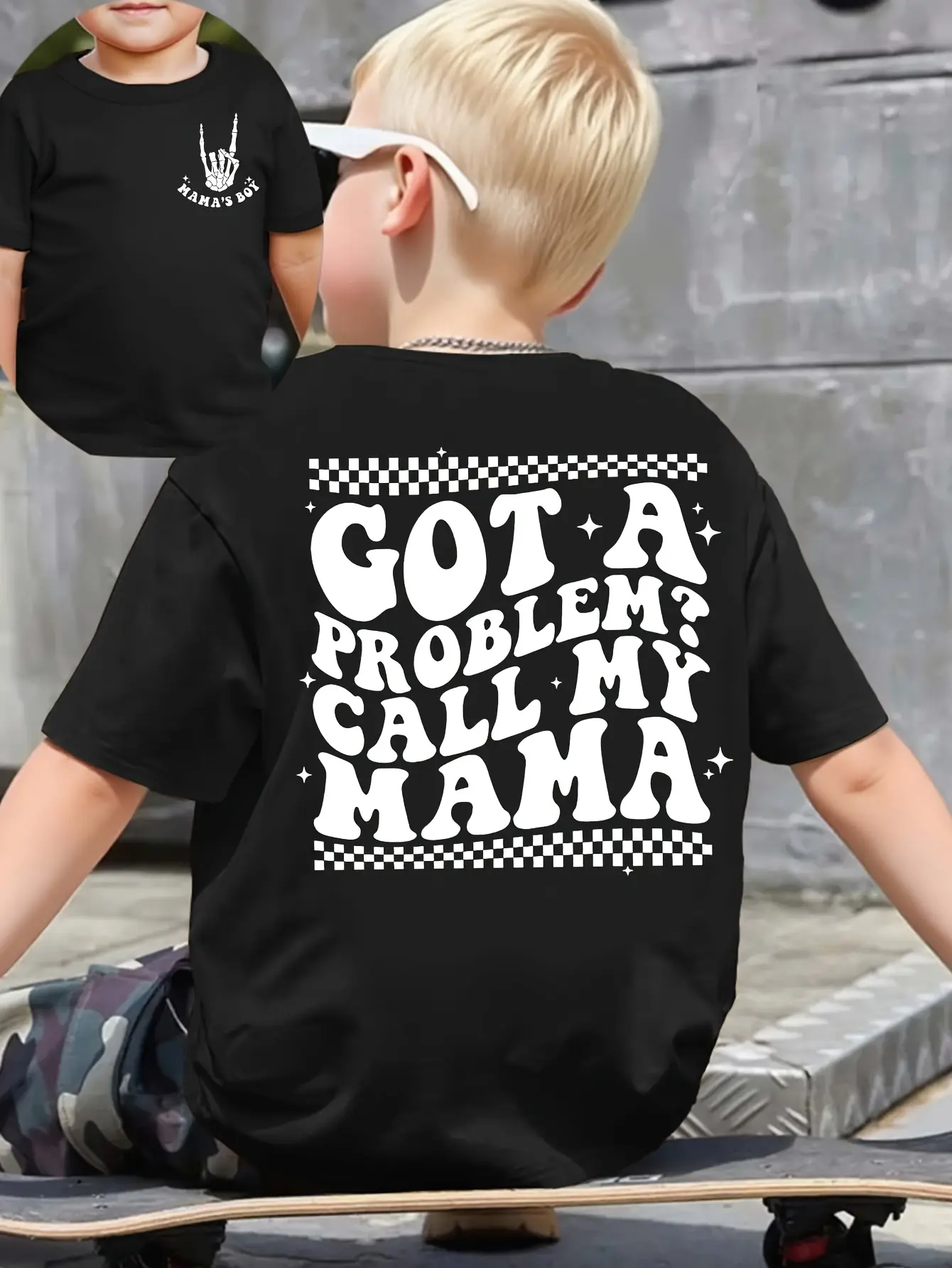 Got A Problem? Call My Mama" Toddler T-Shirt | Checkerboard Skeleton Hand Kids Tee | Trendy Mama's Boy Outfit for Boys Graphic Tee