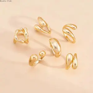 6-Piece Curved Metal Finish Ring Set • Minimalist Open Design • Geometric Irregular Stackable Joint Rings for Women