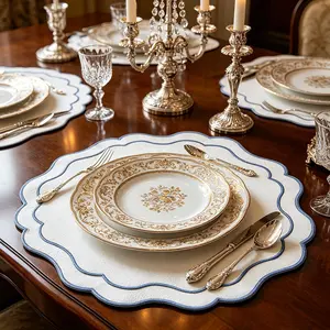 4/6 Piece Set Round Double Layer Blue Embroidered Ruffle Placemats, Ideal for Dinner Parties, Home Decor, Kitchen, Outdoor Use