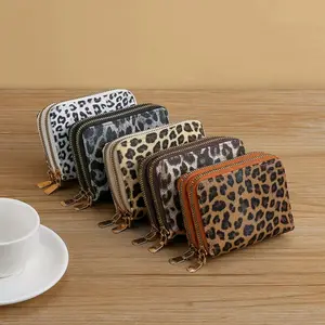 Credit Card Holder Wallet Rfid Blocking Small Wallets for Woman Double Zipper Leather Wallet, Leopard Print
