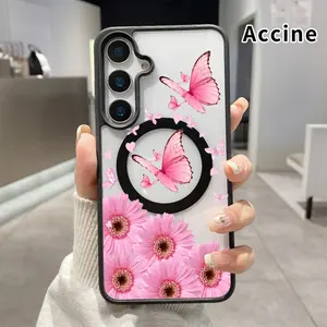 Magnetic Phone Case Compatible with Samsung Galaxy S26 S23 Ultra S24 Plus S25 Edge S22+ FE Pink Butterfly Reverie Pattern Transparent Acrylic Back TPU Edges Drop-Proof Lightweight Cover