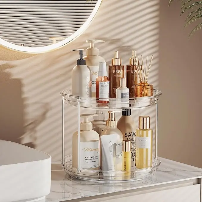 12in 2-Tier Lazy Susan Organizer, Large Rotating Turntable Storage Rack for Kitchen Cabinets, Bathroom Vanities - Clear Home Organization Tool