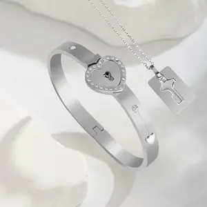 Key to my Heart - Silver bangle with Heart Lock and Matching Key Charm necklace Jewelry Set
