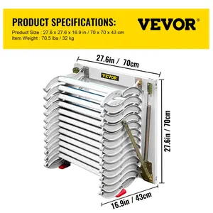 VEVOR Attic Steps Pull Down 12 Steps Attic Stairs Alloy Attic Access Ladder, White Pulldown Attic Stairs, Wall-mounted Folding Stairs for Attic, Retractable Attic Ladder with Armrests, 9.8 feet Height