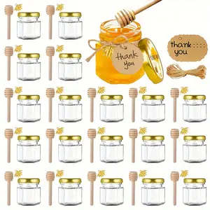 10pcs Bee Charm Hexagonal Mini Honey Jars - 1.5oz Little Glass Honey Jar With Golden , Empty Honey Jar, Metal Wedding Canister cork lid