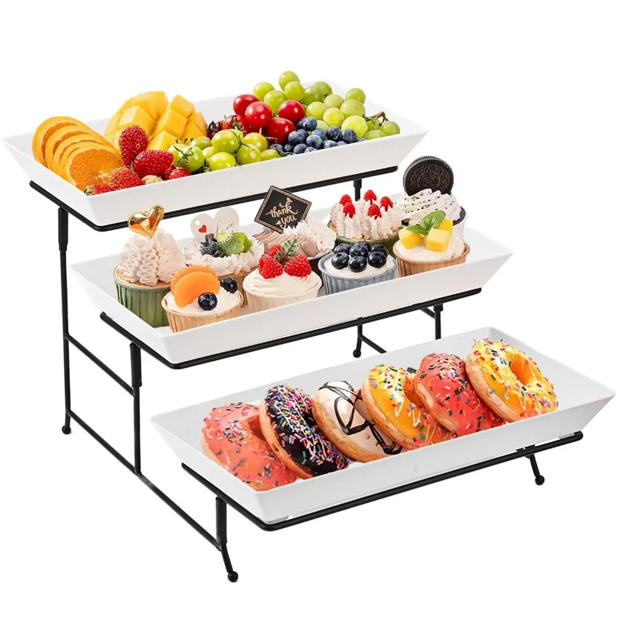 1 piece three-tier dessert stand with foldable metal stand and 3-tier smooth plastic tray, can be used as party favor display stand decoration