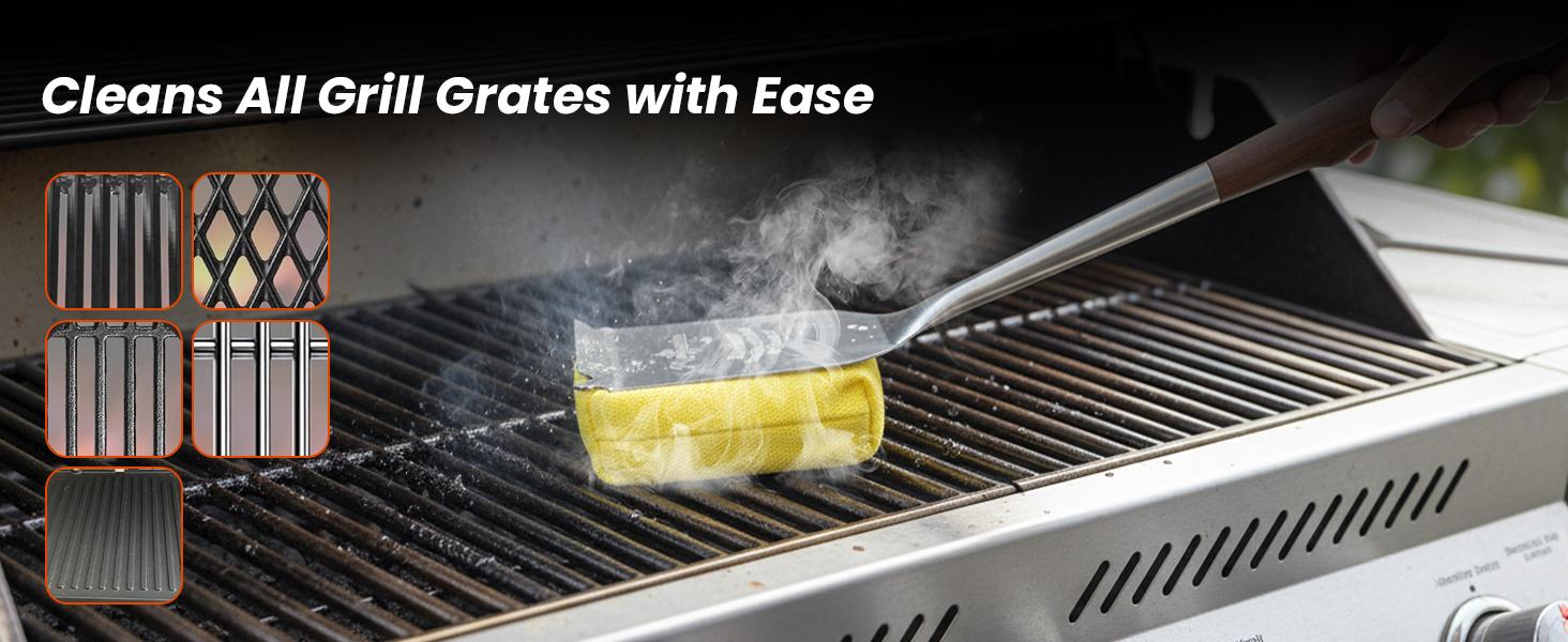 Grill Brush Bristle Free w/Replaceable Yellow Head, Enamel Safe, 17" Long Handle Grill Cleaner for Outdoor BBQ & Griddle, MAX Stainless Steel Scraper, Corner Reach for Cast Iron Steel